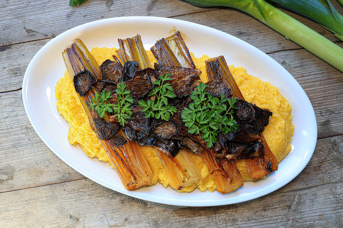 Creamy Polenta with Caramelized Leeks and Crispy Oyster Mushrooms